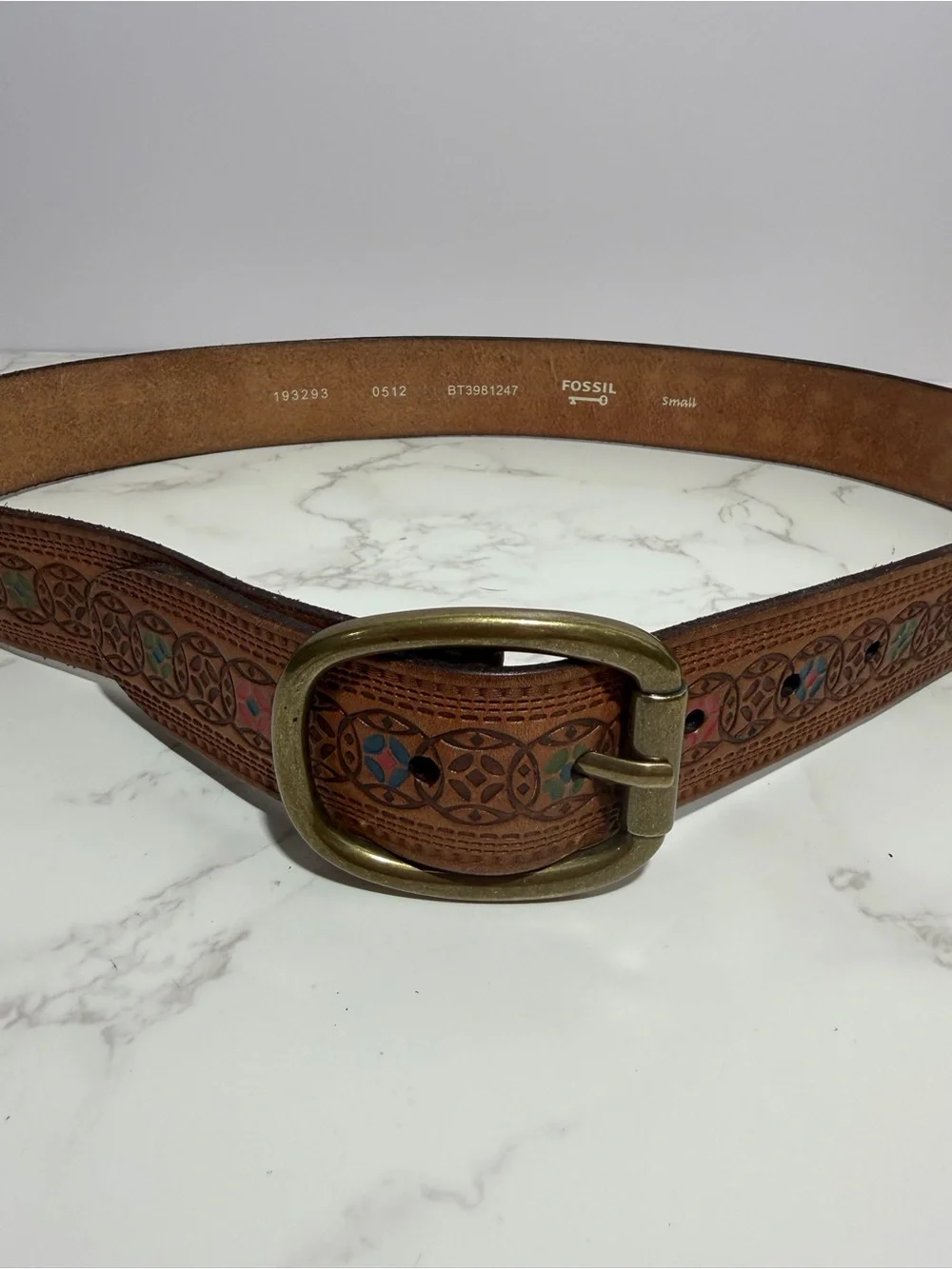 Fossil Brown Tooled Leather Women's Belt with Unique Design and Brass Buckle - S